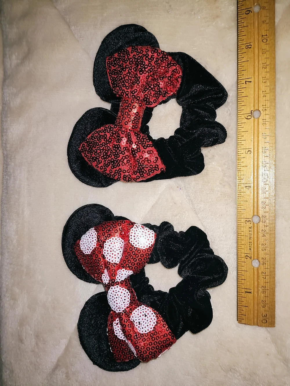 Disney Black Minnie Ear Scrunchies with Red Sequin Bows